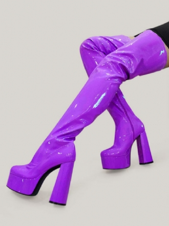 Cuissardes Violettes Pour Femmes Bottes Sexy À Plateforme Et Talon Bloc Au-dessus Du Genou