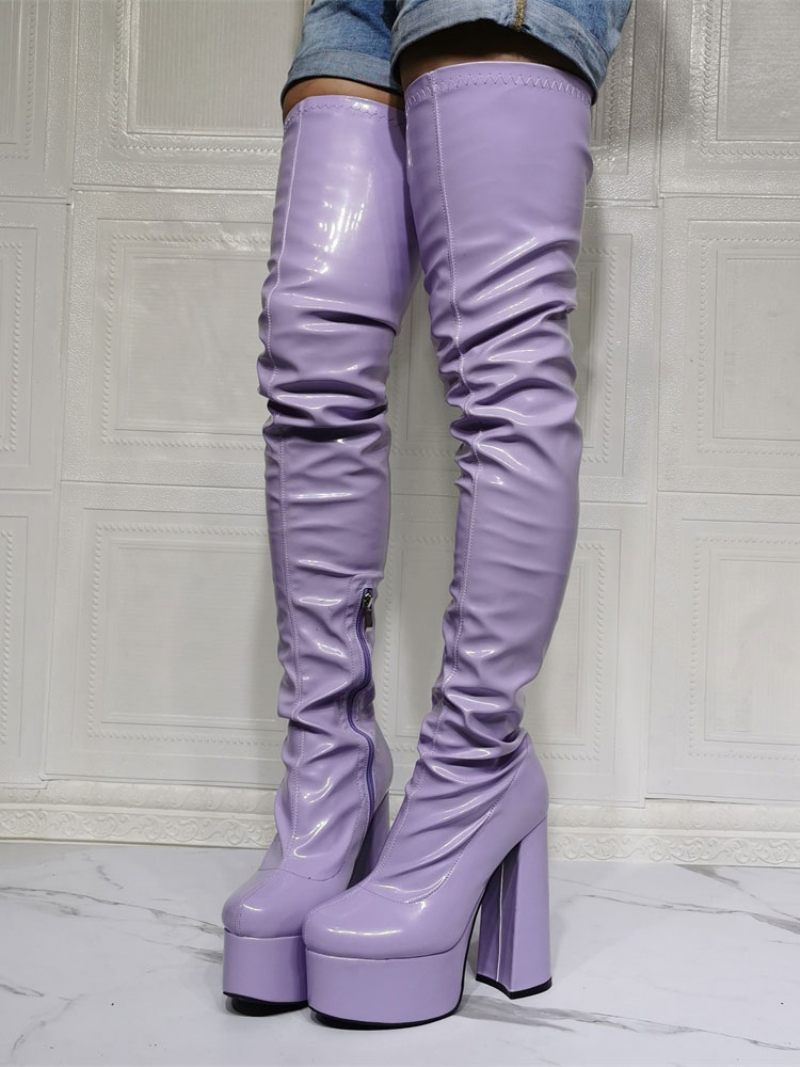 Cuissardes Violettes Pour Femmes Bottes Sexy À Plateforme Et Talon Bloc Au-dessus Du Genou - Lavande