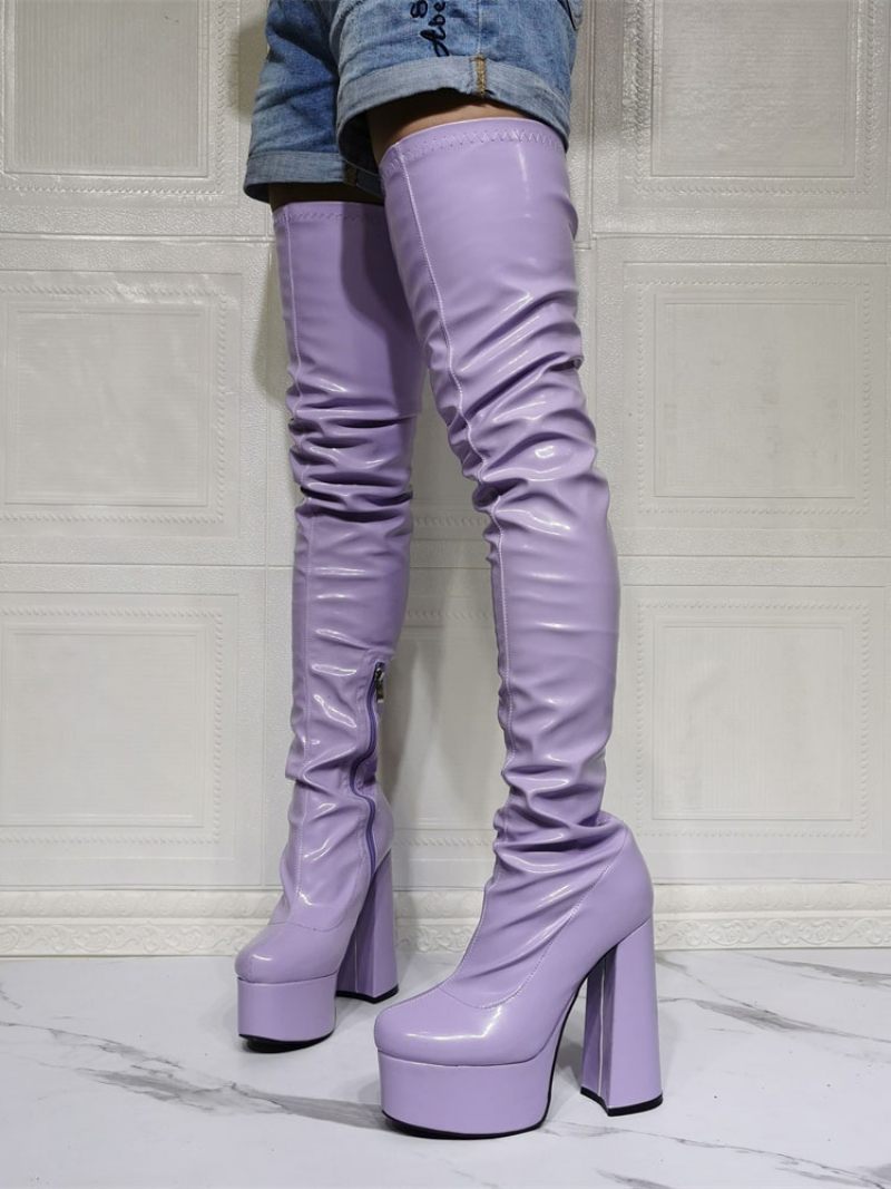 Cuissardes Violettes Pour Femmes Bottes Sexy À Plateforme Et Talon Bloc Au-dessus Du Genou - Lavande