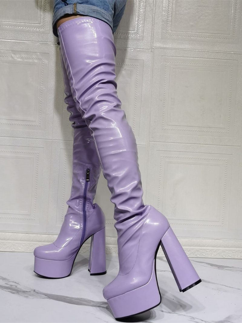 Cuissardes Violettes Pour Femmes Bottes Sexy À Plateforme Et Talon Bloc Au-dessus Du Genou - Lavande