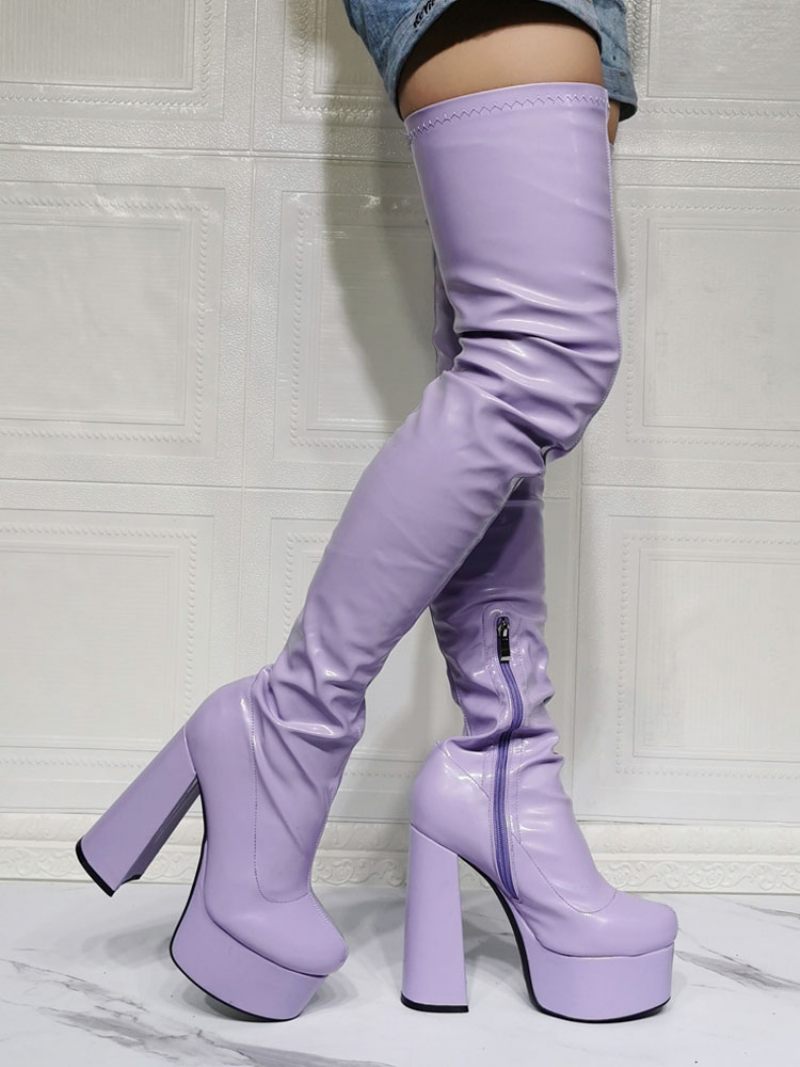 Cuissardes Violettes Pour Femmes Bottes Sexy À Plateforme Et Talon Bloc Au-dessus Du Genou - Lavande