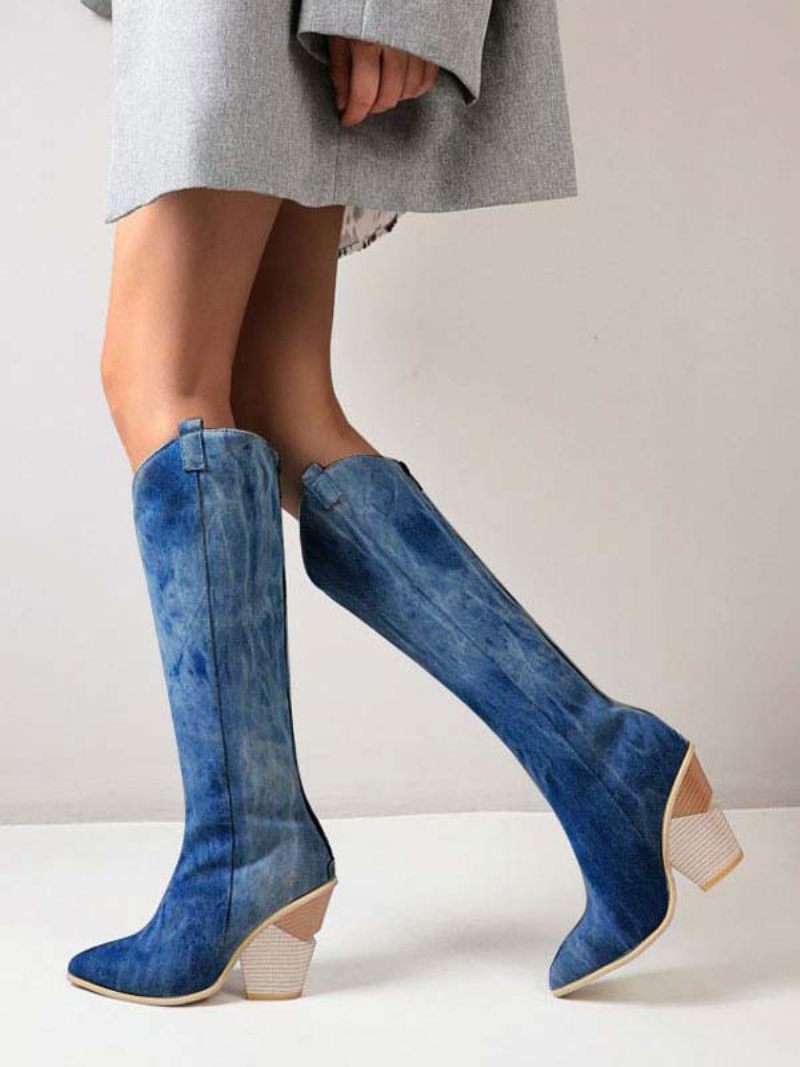 Femmes Bottes Au Genou Cuir Blanc Bout Pointu Talon Épais Pour Les - Bleu