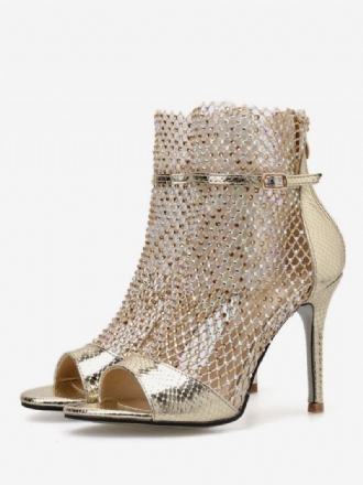 Femmes Sandale Bottines Or Peep Toe Strass Chaussures À Talons Hauts