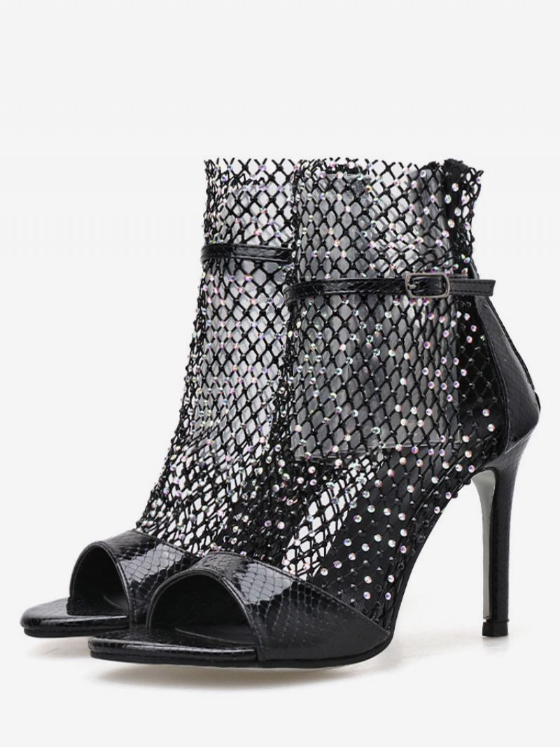 Femmes Sandale Bottines Or Peep Toe Strass Chaussures À Talons Hauts - Noir