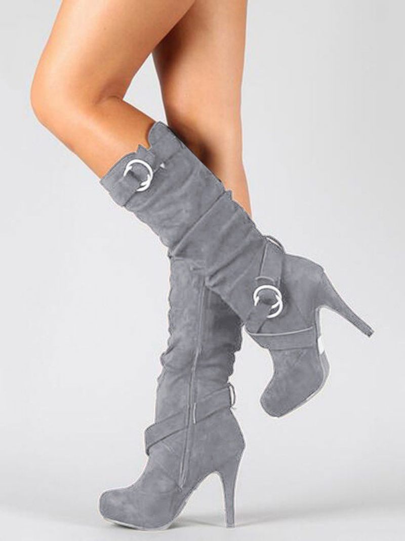 Femmes Slouch Buckles Stiletto Talon Bottes Hautes - Gris