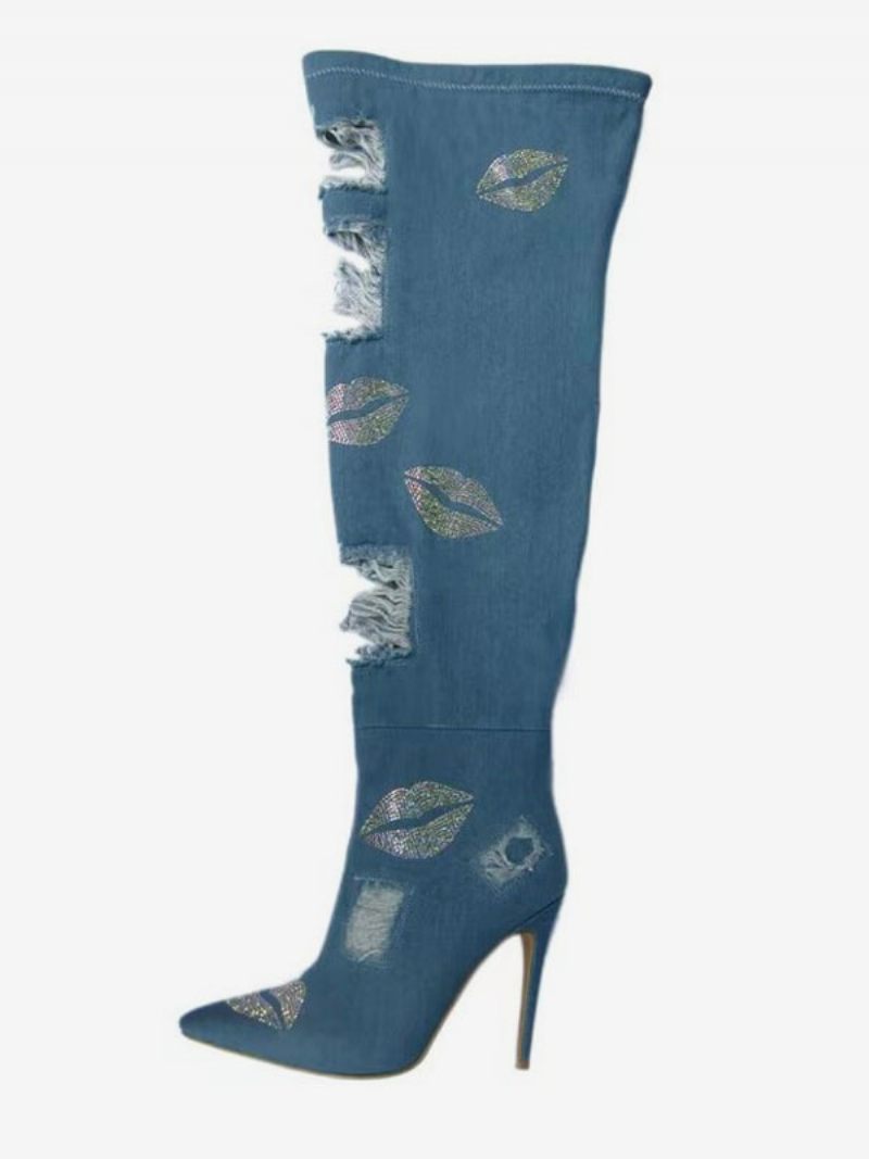 Femmes Strass Talon Aiguille Cuissardes Bottes Toile - Bleu Ciel Clair