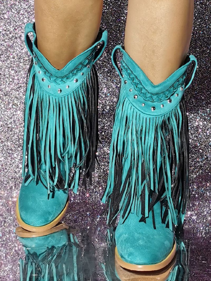 Micro Daim Supérieur Paillettes Bout Rond Chiot Talon Mi-mollet Bottes Pour Femmes - Bleu Cyan