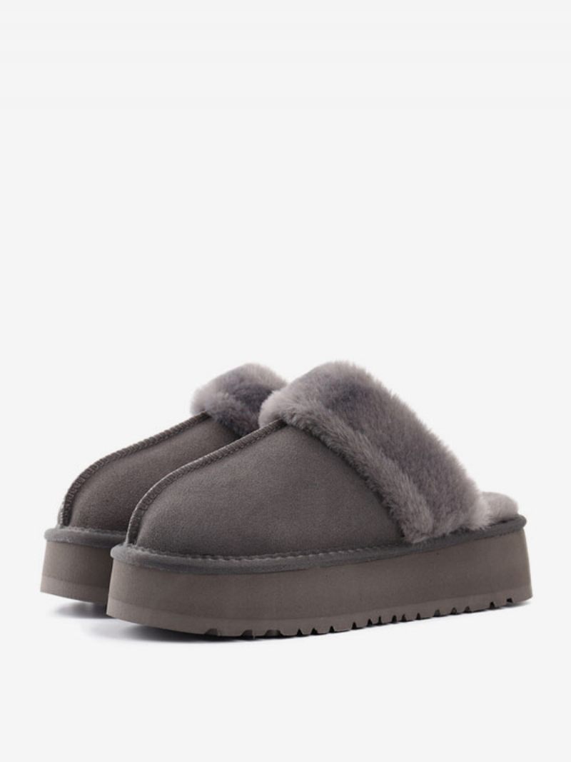 Pantoufles À Plateforme Daim Pour Femmes D'hiver Bout Rond Marron Avec Détails Peluche - Gris Foncé