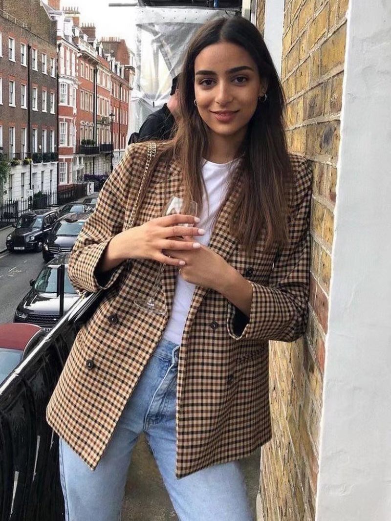 Blazer Chic À Carreaux Pour Femmes Col Rabattu Boutons Manches Longues Vêtements D'extérieur