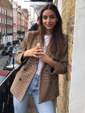 Blazer Chic À Carreaux Pour Femmes Col Rabattu Boutons Manches Longues Vêtements D'extérieur