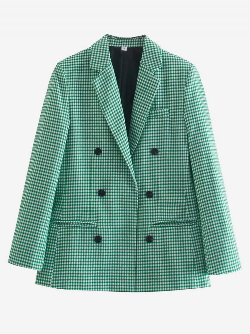 Blazer Chic À Carreaux Pour Femmes Col Rabattu Boutons Manches Longues Vêtements D'extérieur - Vert