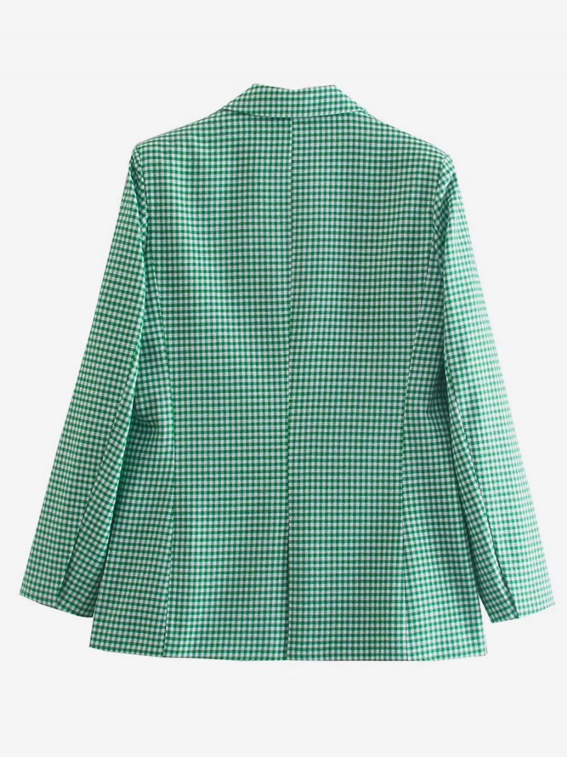 Blazer Chic À Carreaux Pour Femmes Col Rabattu Boutons Manches Longues Vêtements D'extérieur - Vert