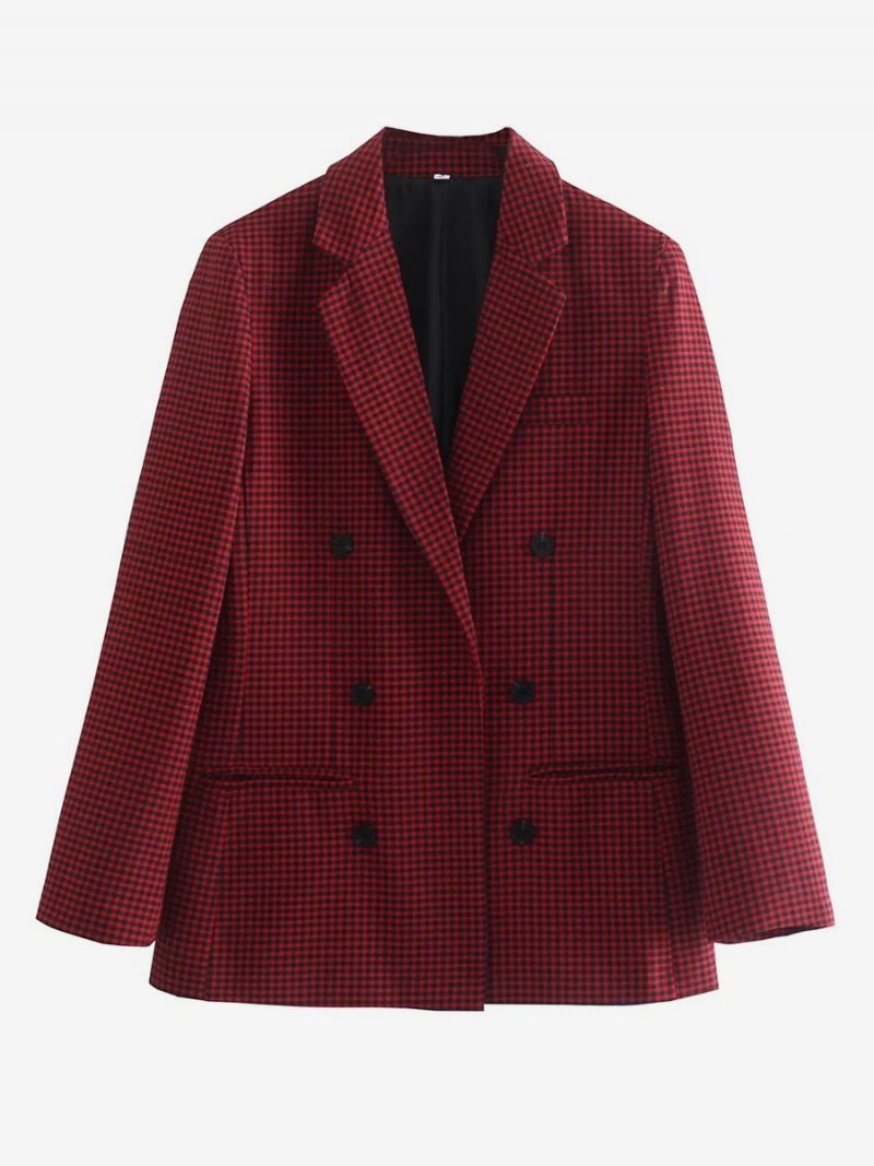 Blazer Chic À Carreaux Pour Femmes Col Rabattu Boutons Manches Longues Vêtements D'extérieur - Noir Rouge