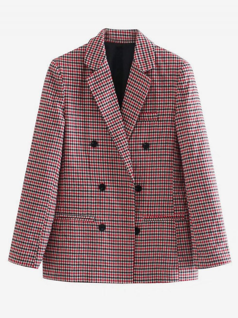 Blazer Chic À Carreaux Pour Femmes Col Rabattu Boutons Manches Longues Vêtements D'extérieur - Rose