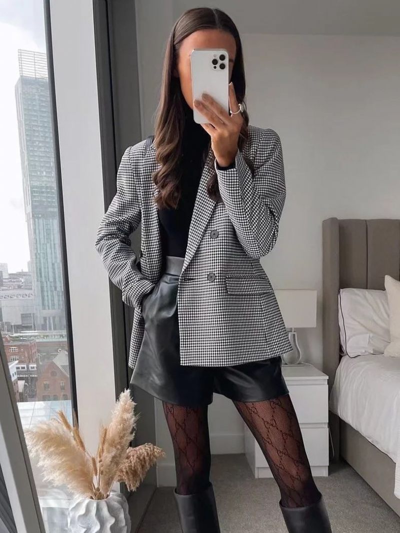 Blazer Chic À Carreaux Pour Femmes Col Rabattu Boutons Manches Longues Vêtements D'extérieur - Noir