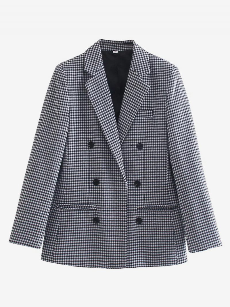 Blazer Chic À Carreaux Pour Femmes Col Rabattu Boutons Manches Longues Vêtements D'extérieur - Noir