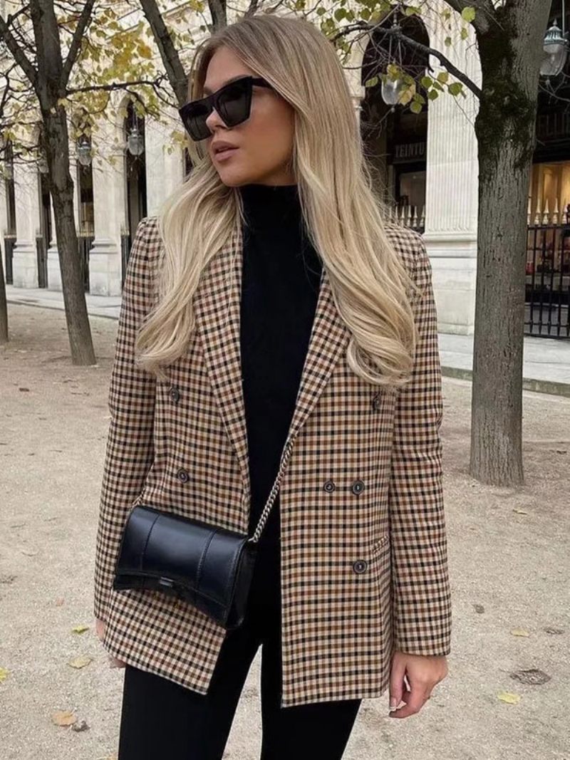 Blazer Chic À Carreaux Pour Femmes Col Rabattu Boutons Manches Longues Vêtements D'extérieur - Kaki