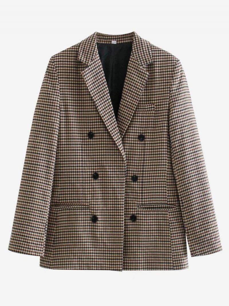 Blazer Chic À Carreaux Pour Femmes Col Rabattu Boutons Manches Longues Vêtements D'extérieur - Kaki