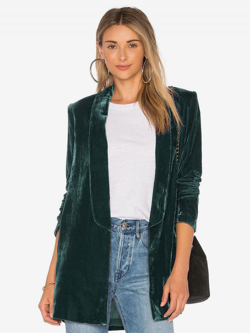 Blazer Pour Femme Velours À Manches Longues Veste Sur Mesure Couleur Unie - Vert Foncé