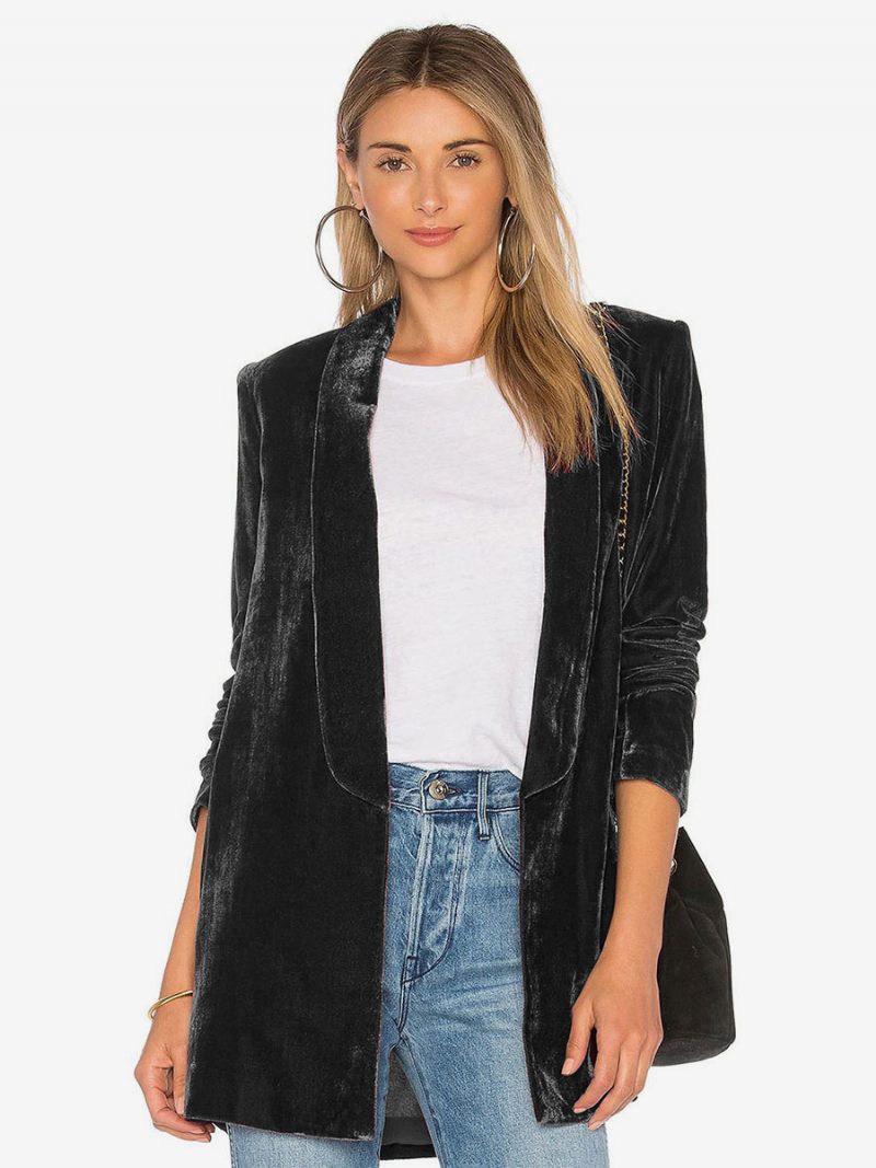 Blazer Pour Femme Velours À Manches Longues Veste Sur Mesure Couleur Unie - Noir