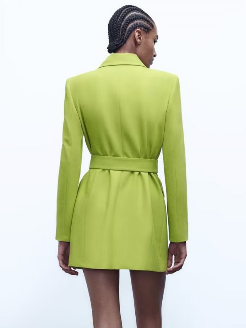 Blazer Pour Femmes Boutons Revers Ceinture Manches Longues Vêtements D'extérieur Unis - Vert Herbe