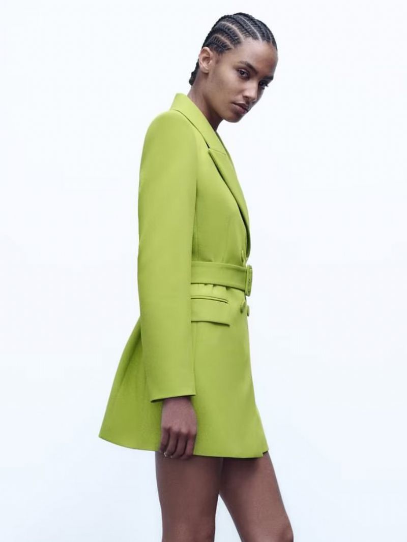 Blazer Pour Femmes Boutons Revers Ceinture Manches Longues Vêtements D'extérieur Unis - Vert Herbe