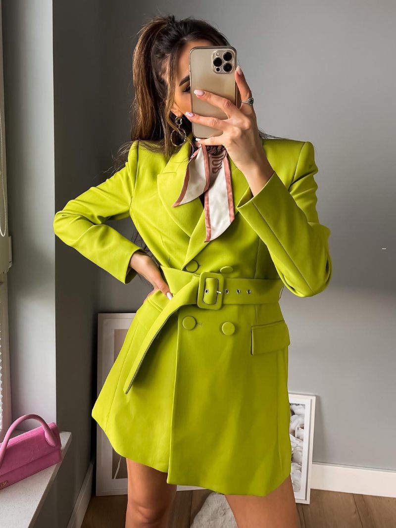 Blazer Pour Femmes Boutons Revers Ceinture Manches Longues Vêtements D'extérieur Unis - Vert Herbe