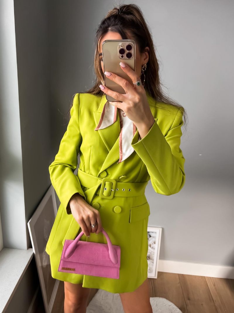 Blazer Pour Femmes Boutons Revers Ceinture Manches Longues Vêtements D'extérieur Unis - Vert Herbe