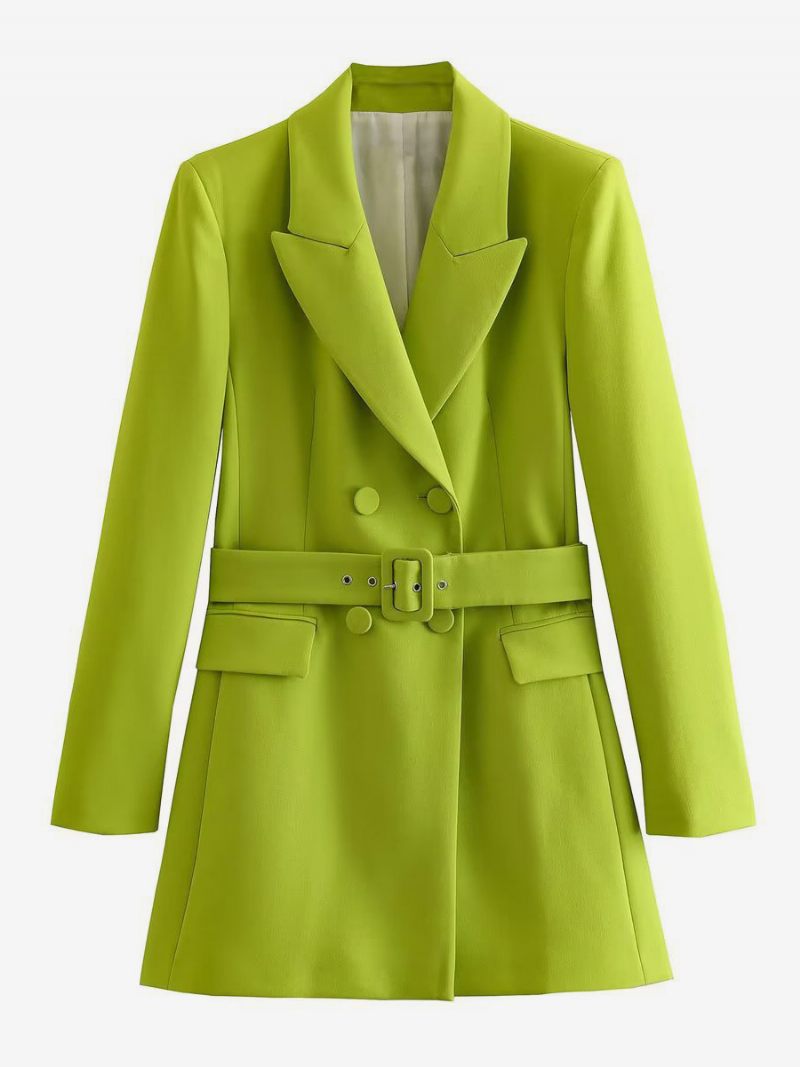 Blazer Pour Femmes Boutons Revers Ceinture Manches Longues Vêtements D'extérieur Unis - Vert Herbe