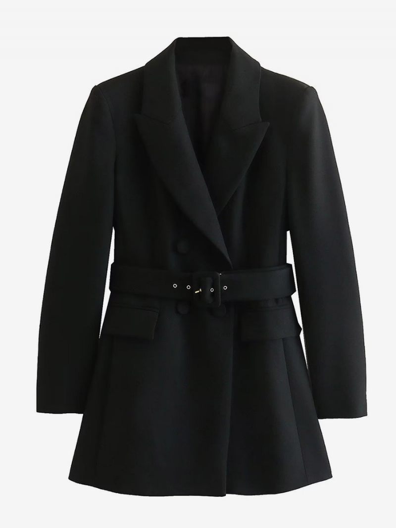 Blazer Pour Femmes Boutons Revers Ceinture Manches Longues Vêtements D'extérieur Unis - Noir