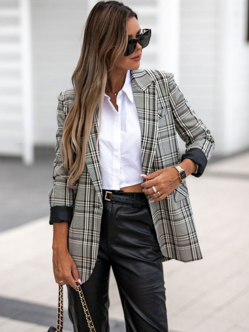 Blazer Pour Femmes Moderne Col Rabattu Poches Manches Longues Vêtements D'extérieur À Carreaux - Gris