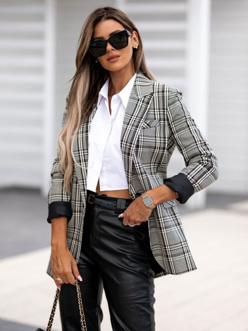 Blazer Pour Femmes Moderne Col Rabattu Poches Manches Longues Vêtements D'extérieur À Carreaux - Gris