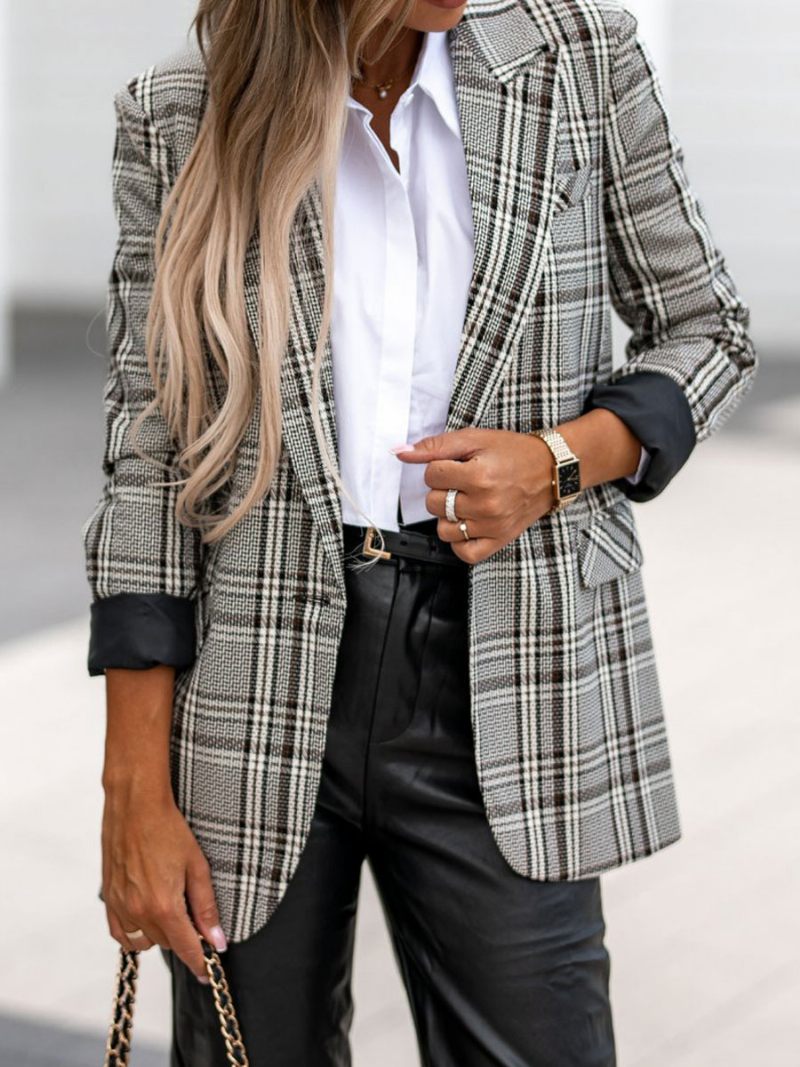 Blazer Pour Femmes Moderne Col Rabattu Poches Manches Longues Vêtements D'extérieur À Carreaux - Gris