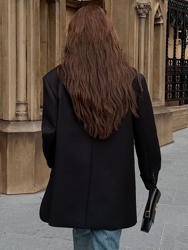 Blazer Long Pour Femme Avec Épaules Audacieuses Et Boutons À Revers - Noir