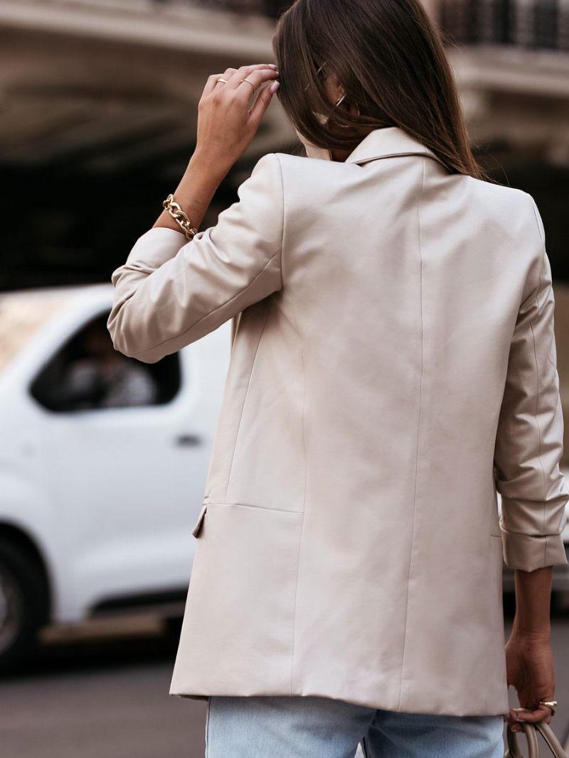 Blazer Simili Cuir Couleur Unie Abricot Pu Vêtements D'extérieur Décontractés Printemps Automne Pour Femmes - Jaune Clair