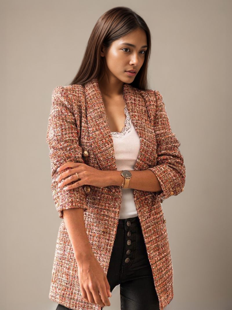 Blazer Veste Café Marron Rayure Plaid Col Rabattu Double Boutonnage Coupe Ajustée Printemps Automne Rue Vêtements D'extérieur Pour Les Femmes