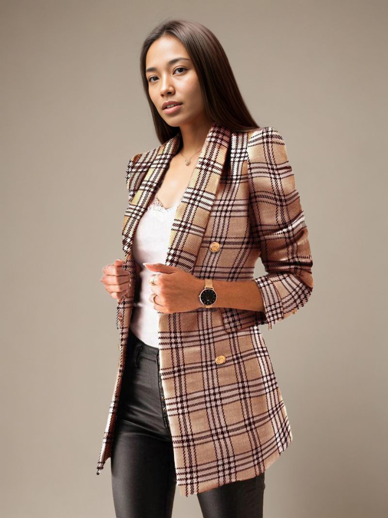 Blazer Veste Café Marron Rayure Plaid Col Rabattu Double Boutonnage Coupe Ajustée Printemps Automne Rue Vêtements D'extérieur Pour Les Femmes - Jaune Clair Clair