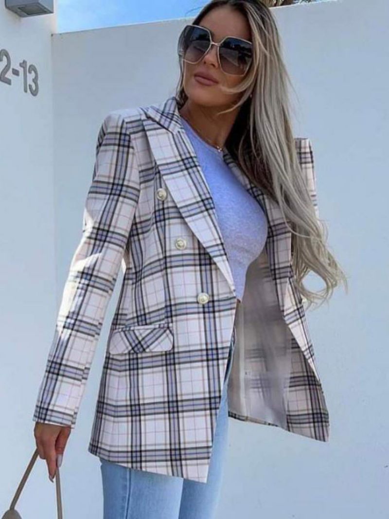 Blazer Veste Rose Rayure Moderne Plaid Col Rabattu Double Boutonnage Printemps Automne Rue Vêtements D'extérieur Pour Les Femmes - Gris Clair