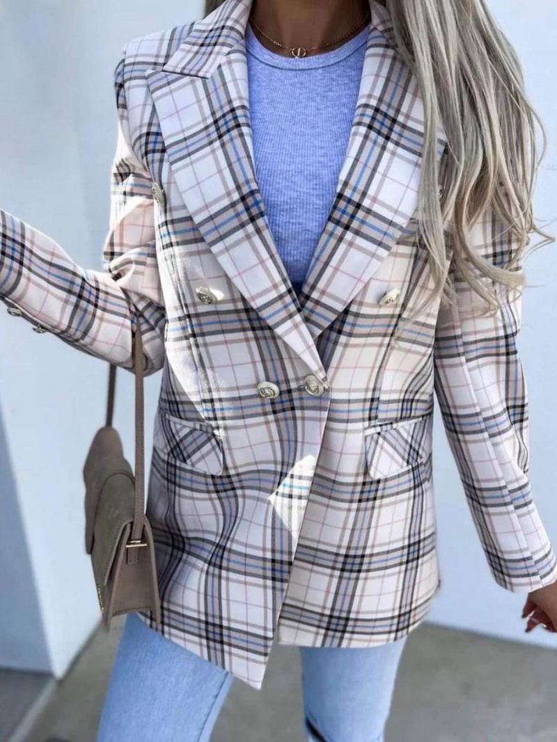 Blazer Veste Rose Rayure Moderne Plaid Col Rabattu Double Boutonnage Printemps Automne Rue Vêtements D'extérieur Pour Les Femmes - Gris Clair