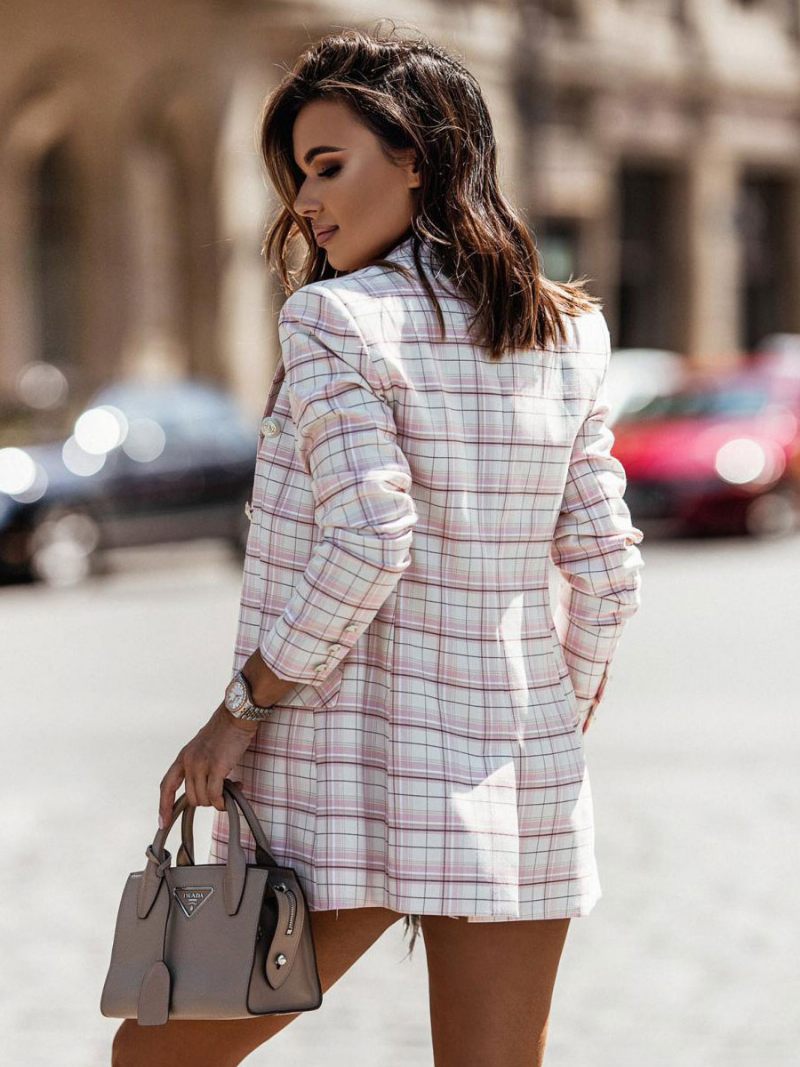 Blazer Veste Rose Rayure Moderne Plaid Col Rabattu Double Boutonnage Printemps Automne Rue Vêtements D'extérieur Pour Les Femmes - Rose