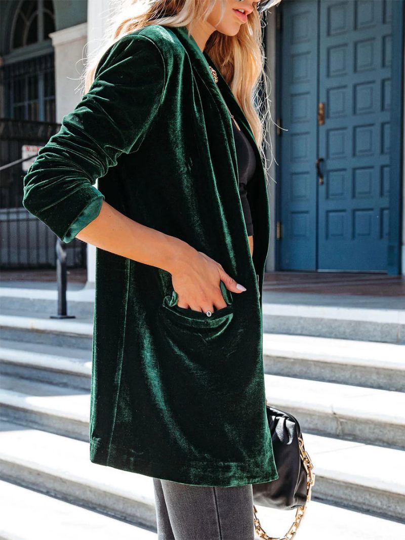 Blazer Veste Velours Manches Longues Revers Printemps Survêtement Pour Femme - Vert Foncé