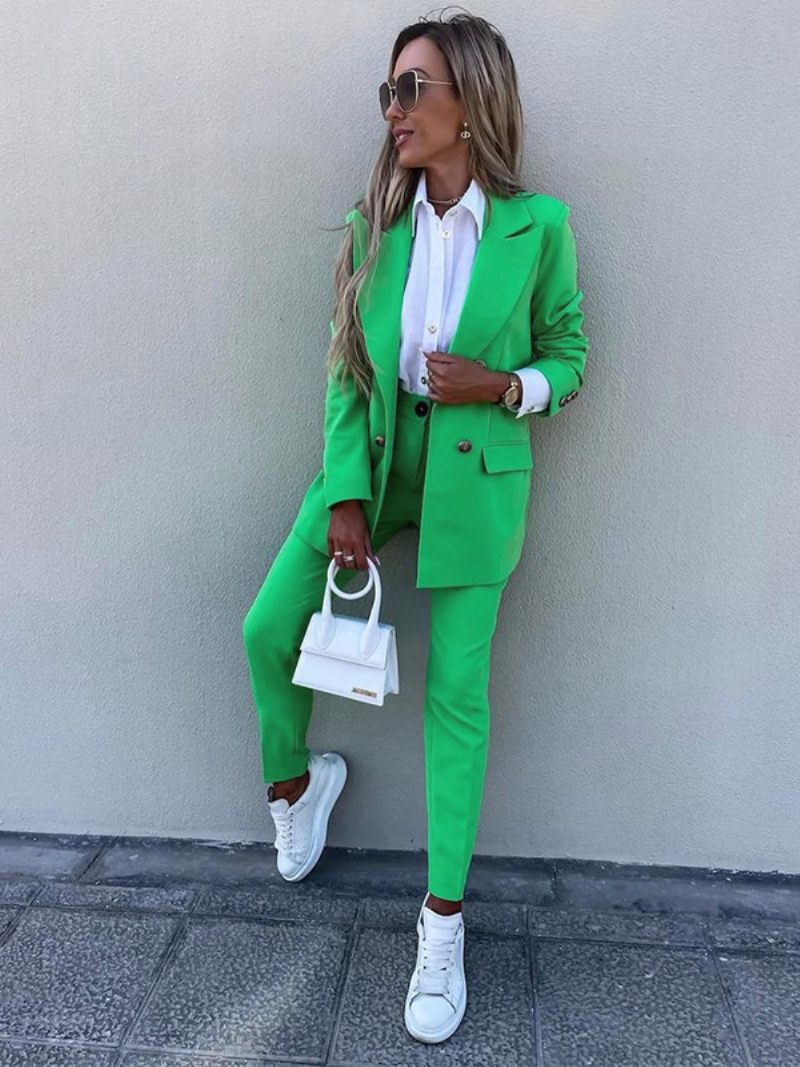 Costume Deux Pièces Couleur Unie Lavande Ensemble D'extérieur Veste Blazer Classique Pantalon Slim Tenue Printemps Et D'automne Pour Femmes - Vert Herbe