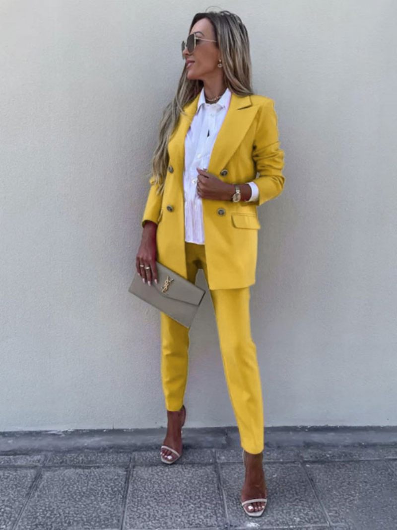 Costume Deux Pièces Couleur Unie Lavande Ensemble D'extérieur Veste Blazer Classique Pantalon Slim Tenue Printemps Et D'automne Pour Femmes - Jaune