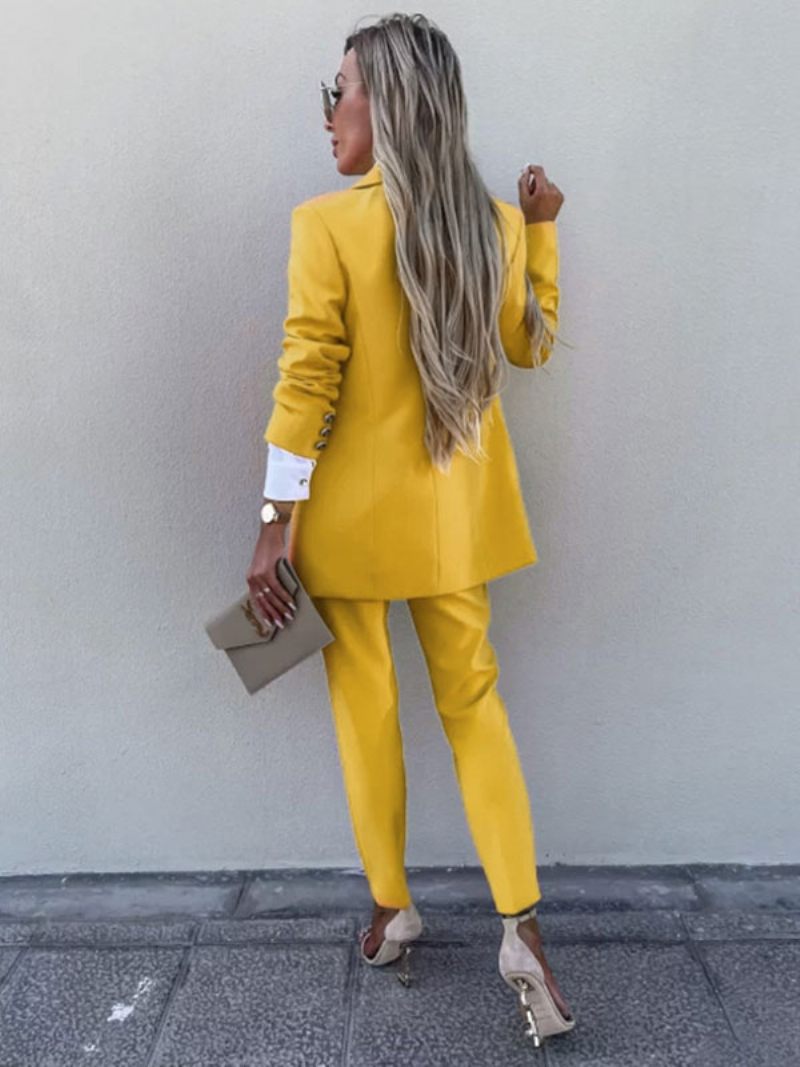 Costume Deux Pièces Couleur Unie Lavande Ensemble D'extérieur Veste Blazer Classique Pantalon Slim Tenue Printemps Et D'automne Pour Femmes - Jaune