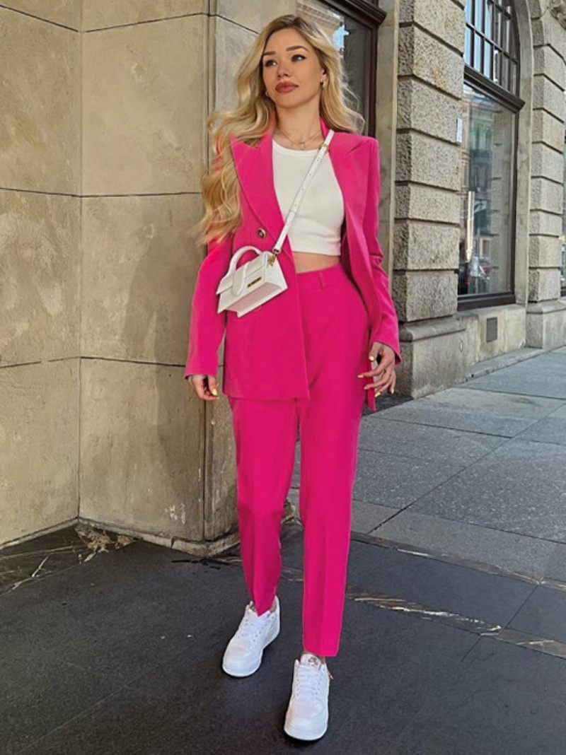 Costume Deux Pièces Couleur Unie Lavande Ensemble D'extérieur Veste Blazer Classique Pantalon Slim Tenue Printemps Et D'automne Pour Femmes - Rose