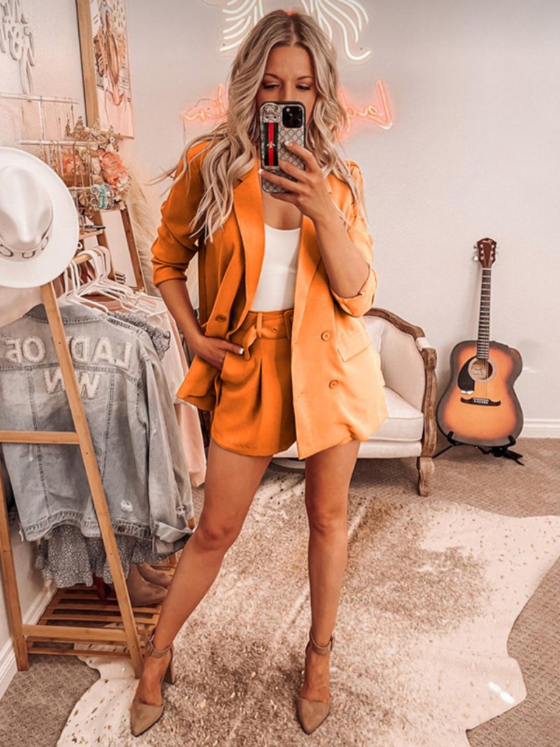 Costume Deux Pièces Sauge Ensemble Couleur Unie Veste Blazer Classique Ceinture Pantalon Court Col Rabattu Tenue Printemps Et D'automne Pour Femmes - Orange