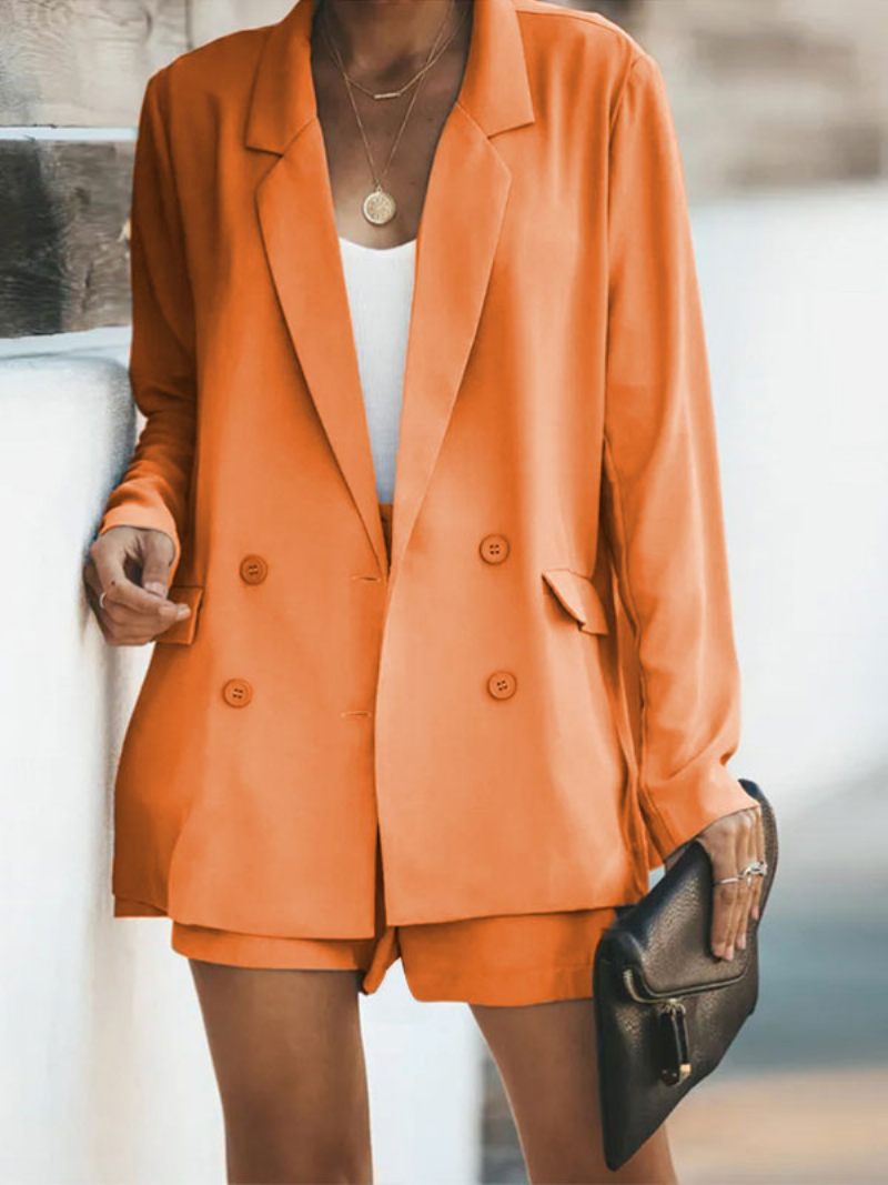 Costume Deux Pièces Sauge Ensemble Couleur Unie Veste Blazer Classique Ceinture Pantalon Court Col Rabattu Tenue Printemps Et D'automne Pour Femmes - Orange