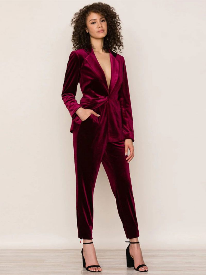 Costumes Deux Pièces Ensemble Blazer Velours Tenue Printemps Automne Pour Femme - Bourgogne