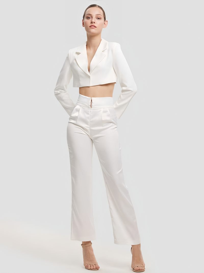 Ensemble Blazer Et Pantalon Pour Femmes Deux Pièces Blanc Taille Haute 2024