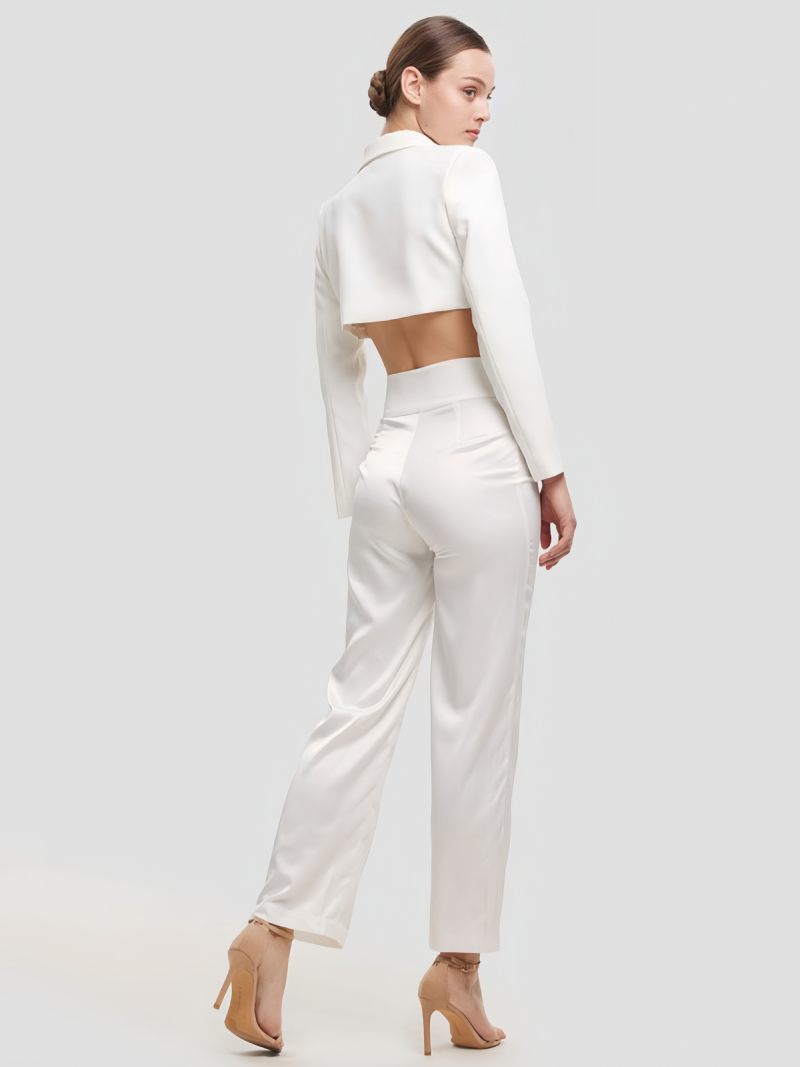 Ensemble Blazer Et Pantalon Pour Femmes Deux Pièces Blanc Taille Haute 2024 - Blanc